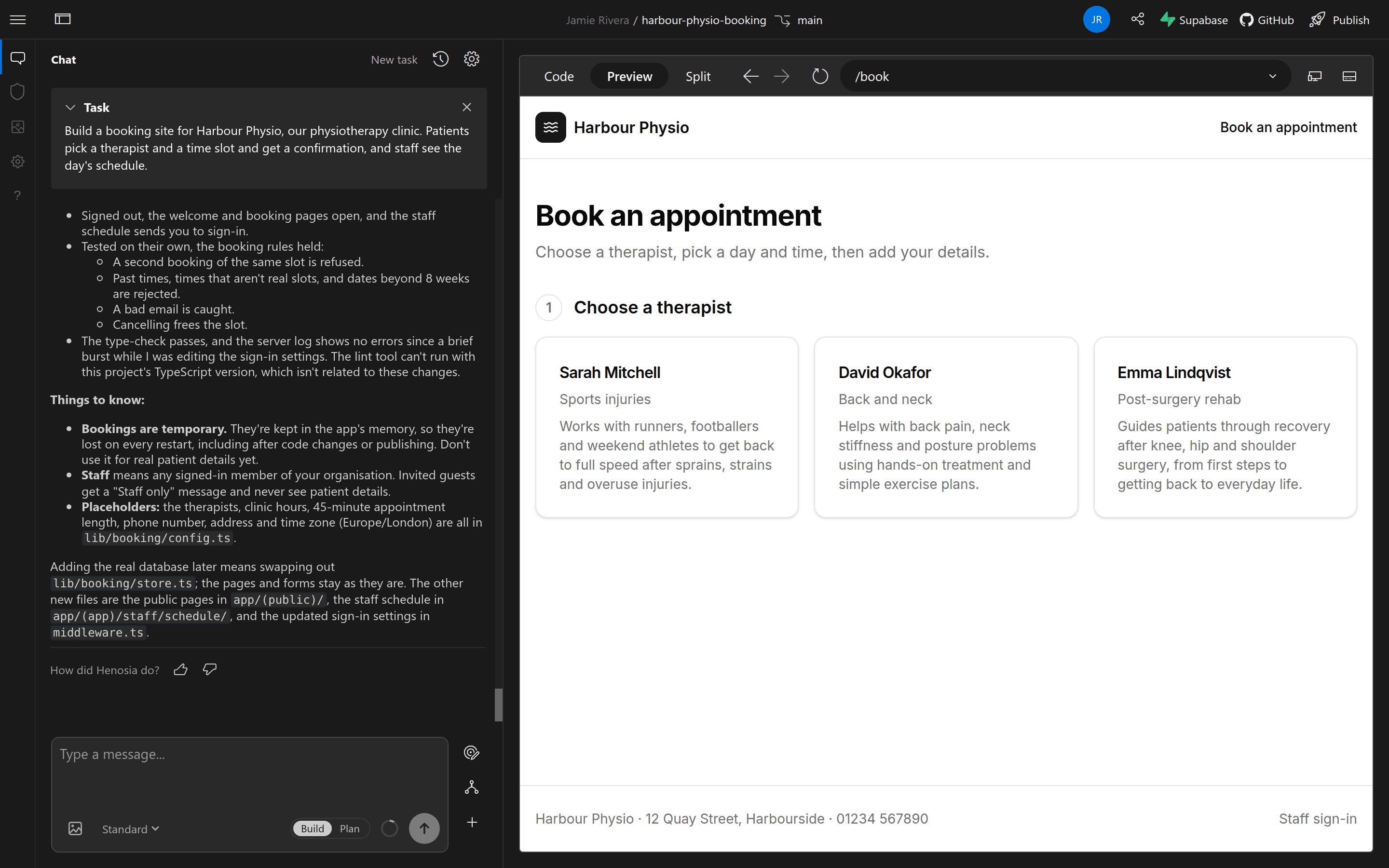 The Henosia builder. The chat on the left shows Henosia's summary of a finished booking site, and the preview on the right shows the site's booking page.