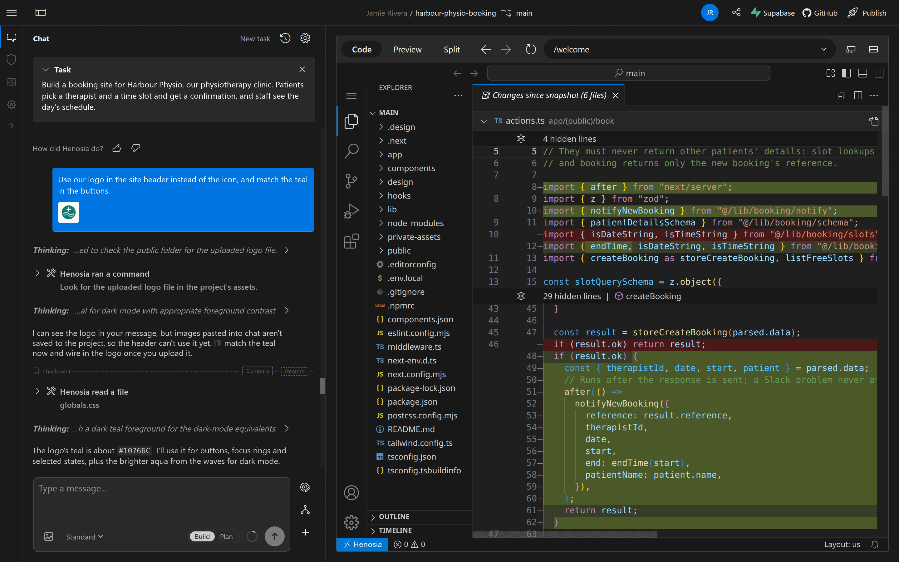 The builder with Compare open from a checkpoint. The chat is on the left and the changed files are shown side by side on the right.