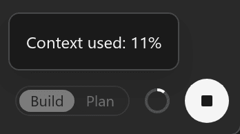 A tooltip above the context ring reads Context used: 11%.