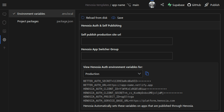 Environment variables relating to Henosia Auth are accessible from the builder navbar under "Environment settings", "Environment variables"