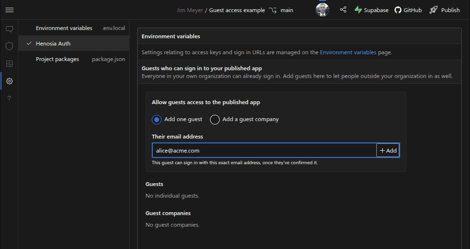 Settings relating to Henosia Auth guest access are accessible from the builder navbar under "Environment settings", "Henosia Auth"