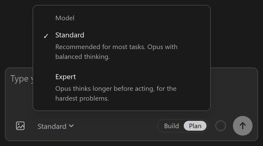 The Standard menu open above the prompt field, with the options Standard and Expert.