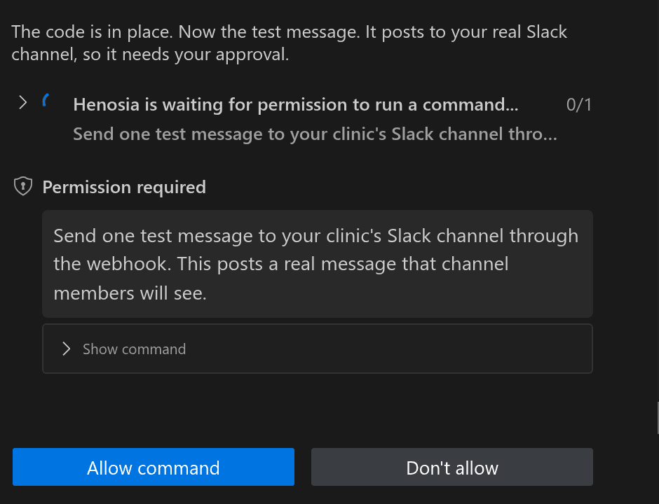 A permission request to post a test message to the clinic's Slack channel, with Allow command and Don't allow buttons.