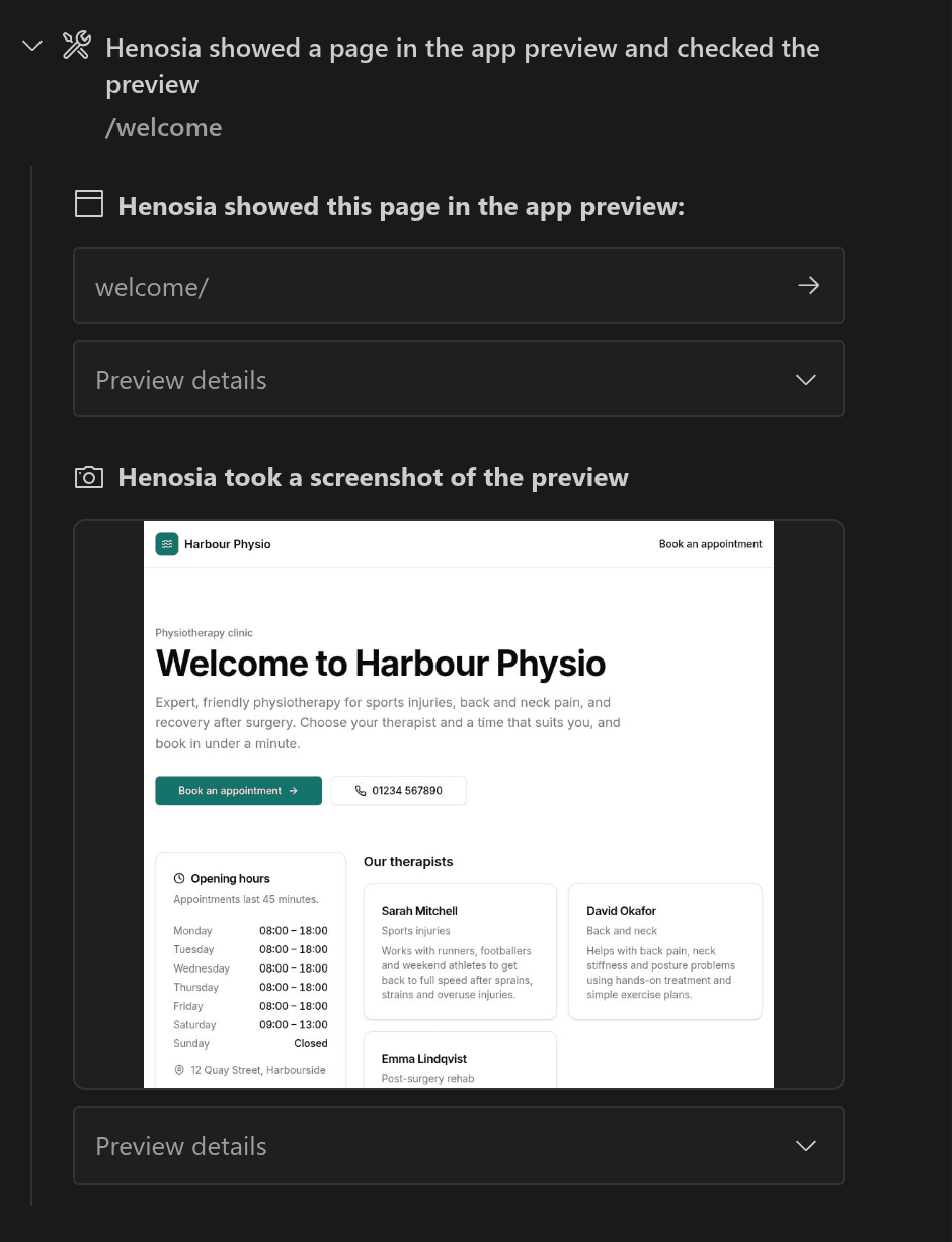 An open progress update showing that Henosia opened the welcome page in the preview and took a screenshot of it.