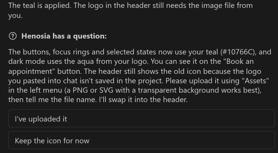 Henosia asks whether the logo has been uploaded to the project, with two answers to choose from.