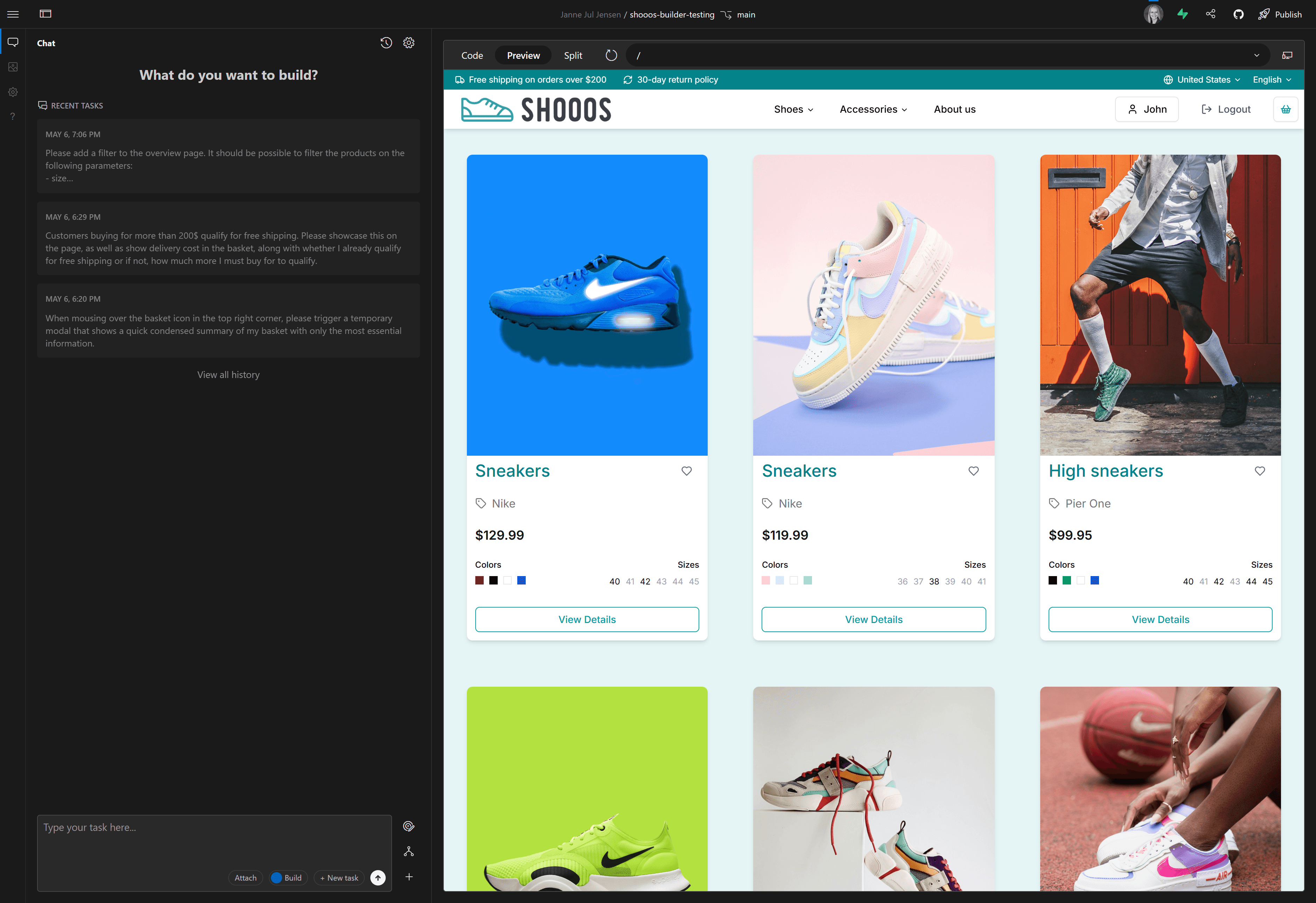 A full screen image of what Henosia looks like when the view area has been set to Preview. The view area shows a preview of what the product (in this case an e-commerce shoe shop) looks like.