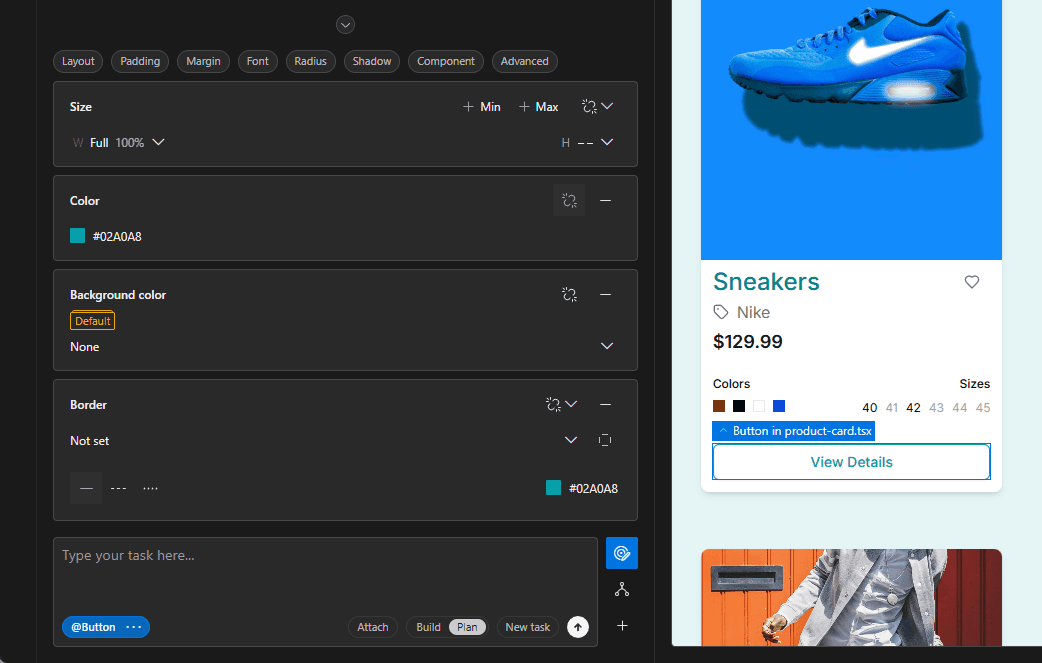 An example of a selected element in the project preview and the corresponding property panels. A button is selected and the property panels for that button are Size, Color, Background color and border, as those are the properties set on the button.