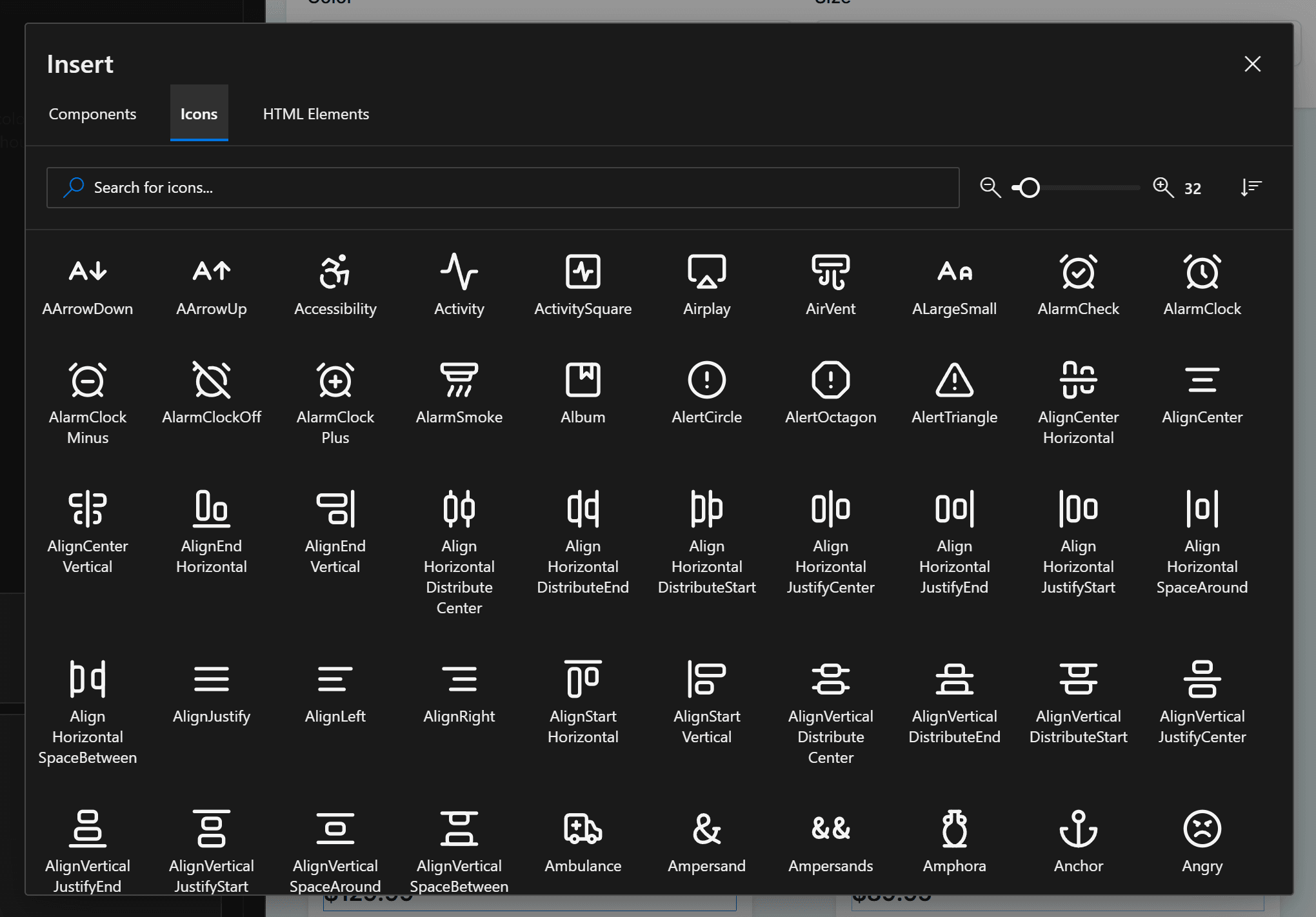 An image of the Icons tab in the Insert panel. It shows all available icons with a name for each. There is a search bar at the top,  a slider to change the size of the icons and a sort button.