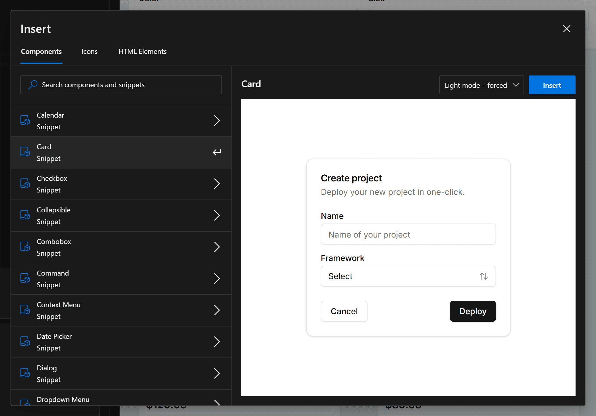 An image of the Insert modal. It has three tabs: Components, Icons and HTML Elements. Currently, the Component tab is selected. It depicts a list of components, where one component (a card component) is selected. The card is shown in the preview area on the right side and there is an insert button, to insert the card into the project.