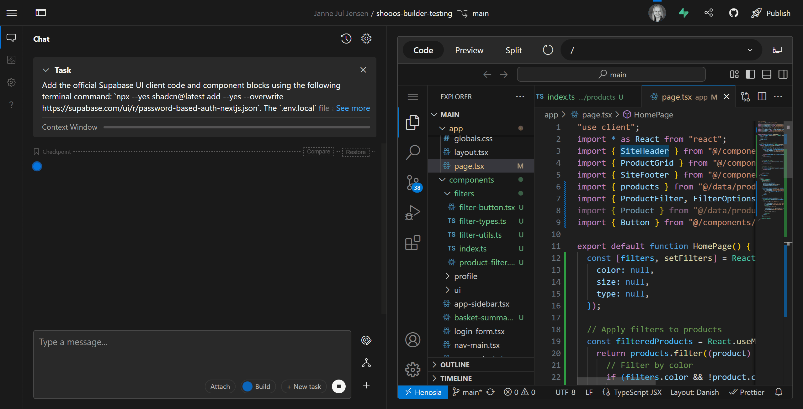 A screenshot of Henosia in which an automatic task has been started to add the chosen Supabase functionality to the Henosia project.