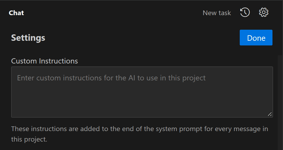 The Settings view with an empty Custom Instructions field and a Done button.