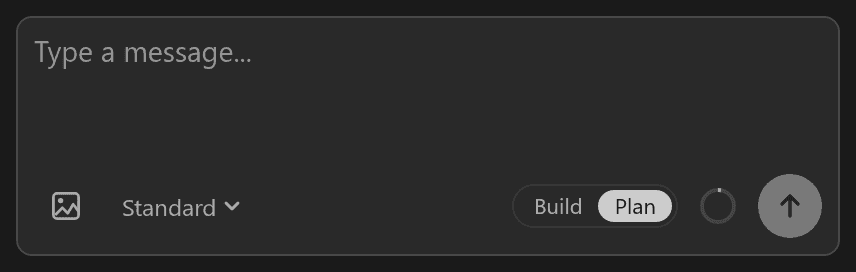 The prompt field with the placeholder Type a message, an Attach images button, the Standard menu, the Build and Plan toggle, a context ring, and the send button.