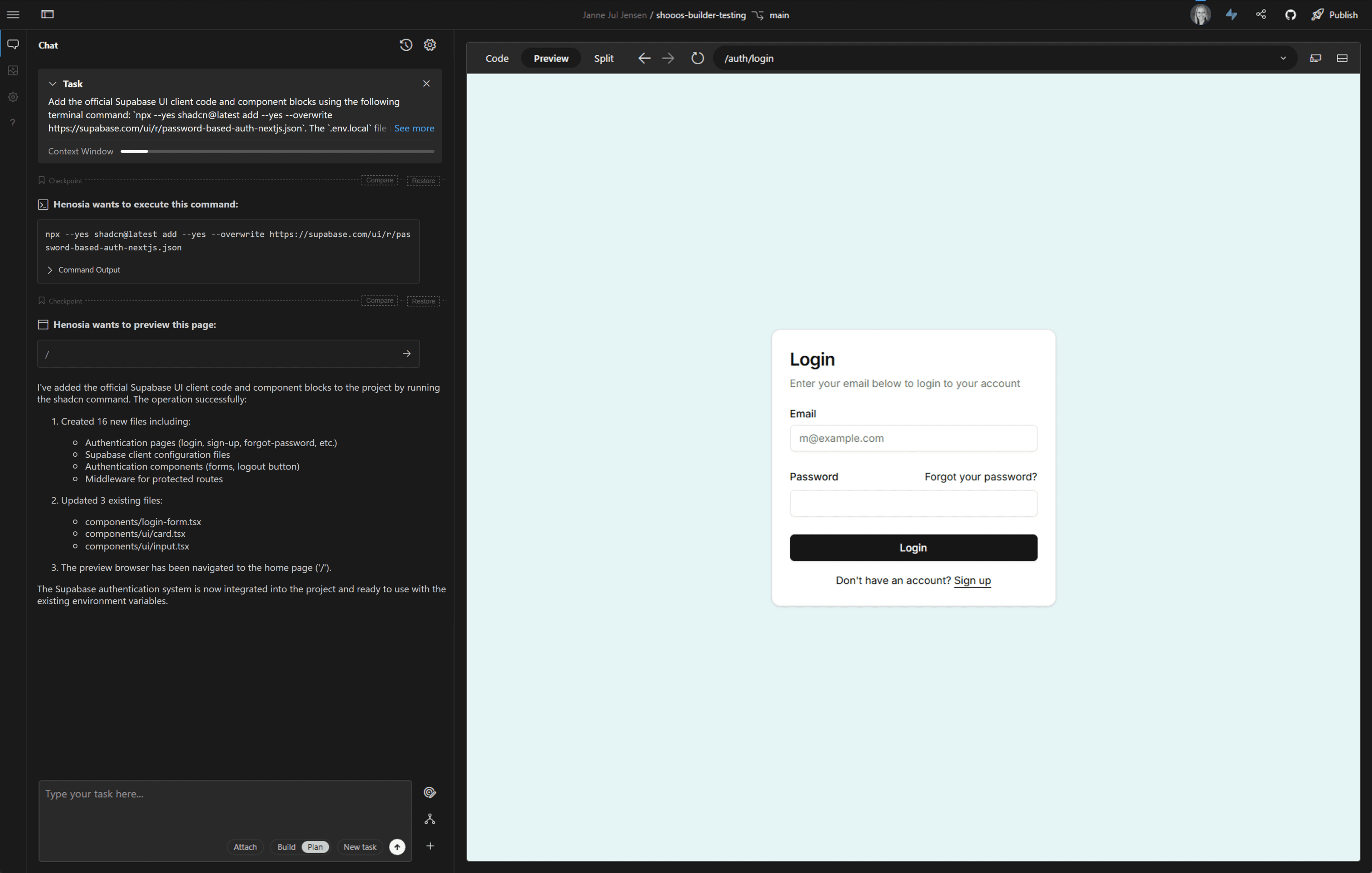 A screenshot of Henosia after the automatic task has been completed and the project now has a login screen showing in the view area.