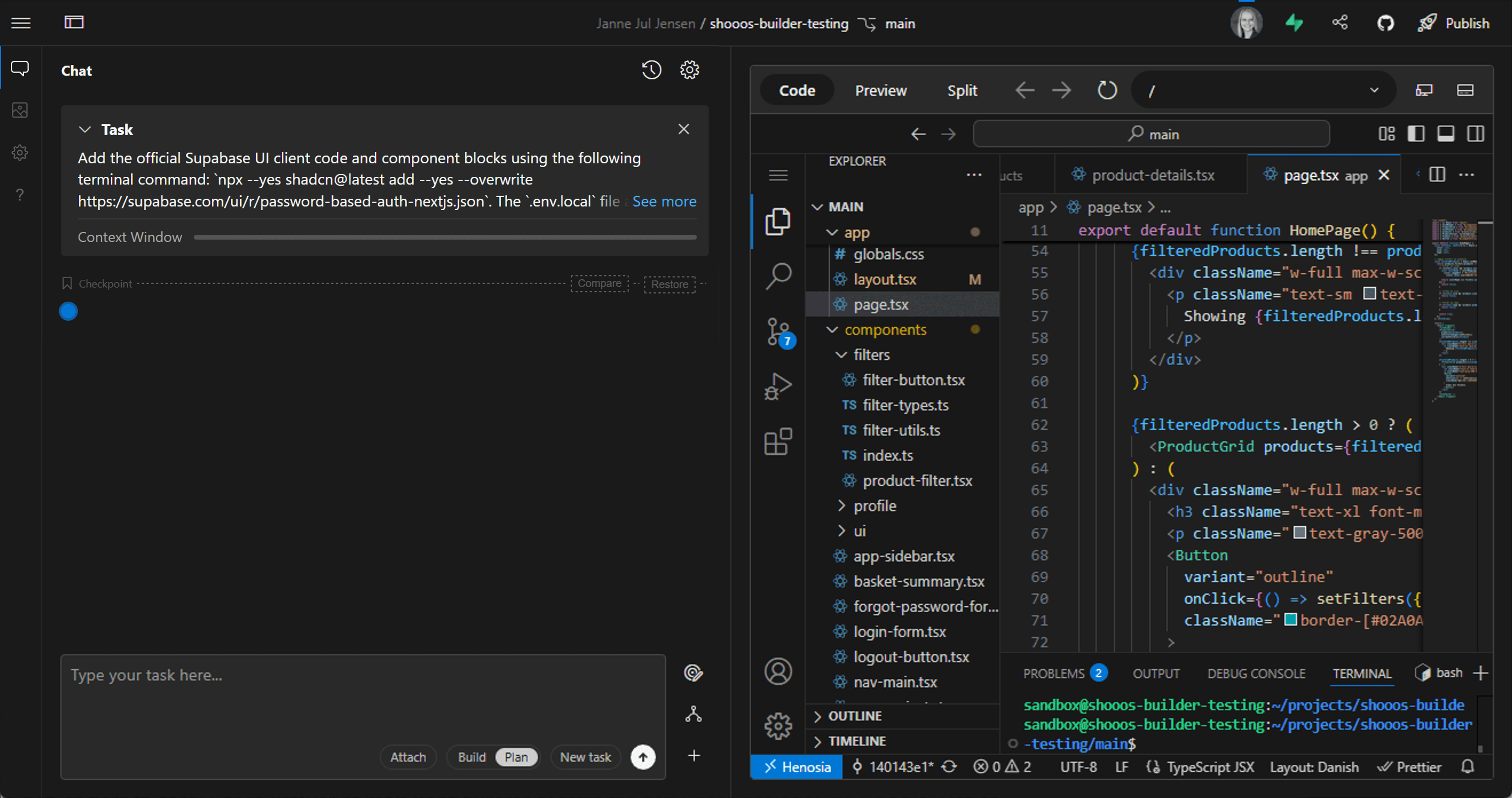 A screenshot of Henosia in which an automatic task has been started to add the chosen Supabase functionality to the Henosia project.